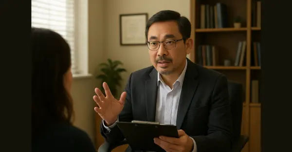 an Asian psychiatrist counseling his patient in office