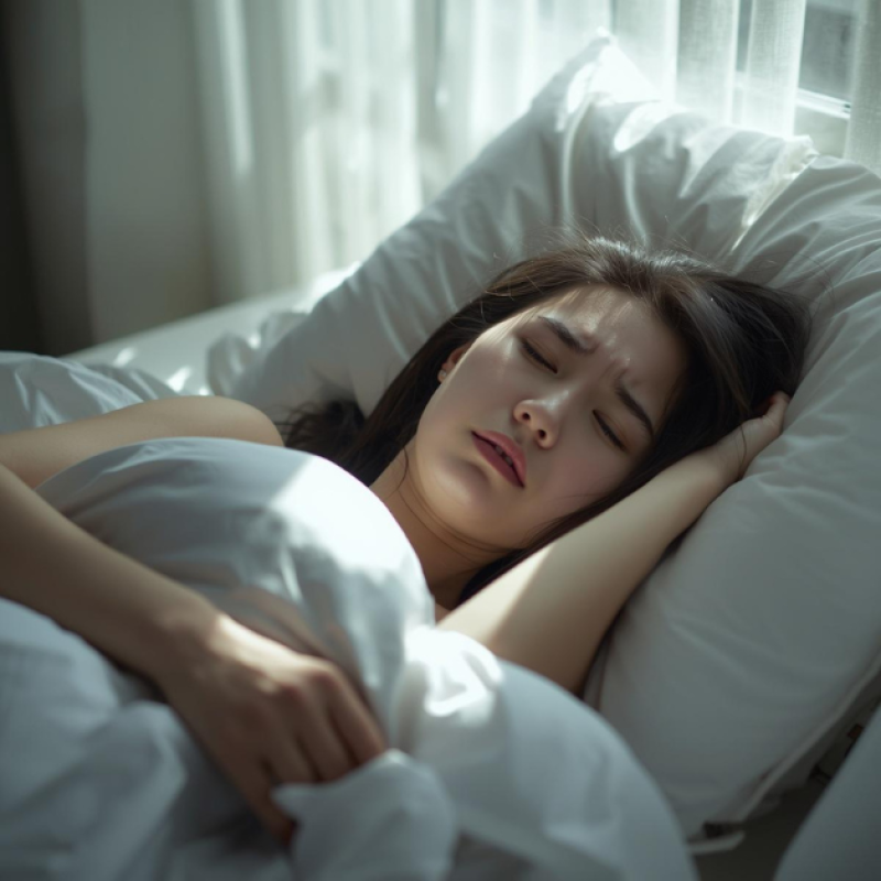 A stressed Asian woman lying awake in bed at night, illustrating the symptoms of chronic insomnia that require a psychiatric evaluation.