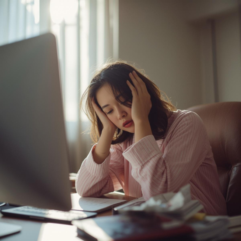 An Asian professional woman sitting at her desk in a Kuala Lumpur office looking overwhelmed, representing executive dysfunction and task paralysis rather than laziness.